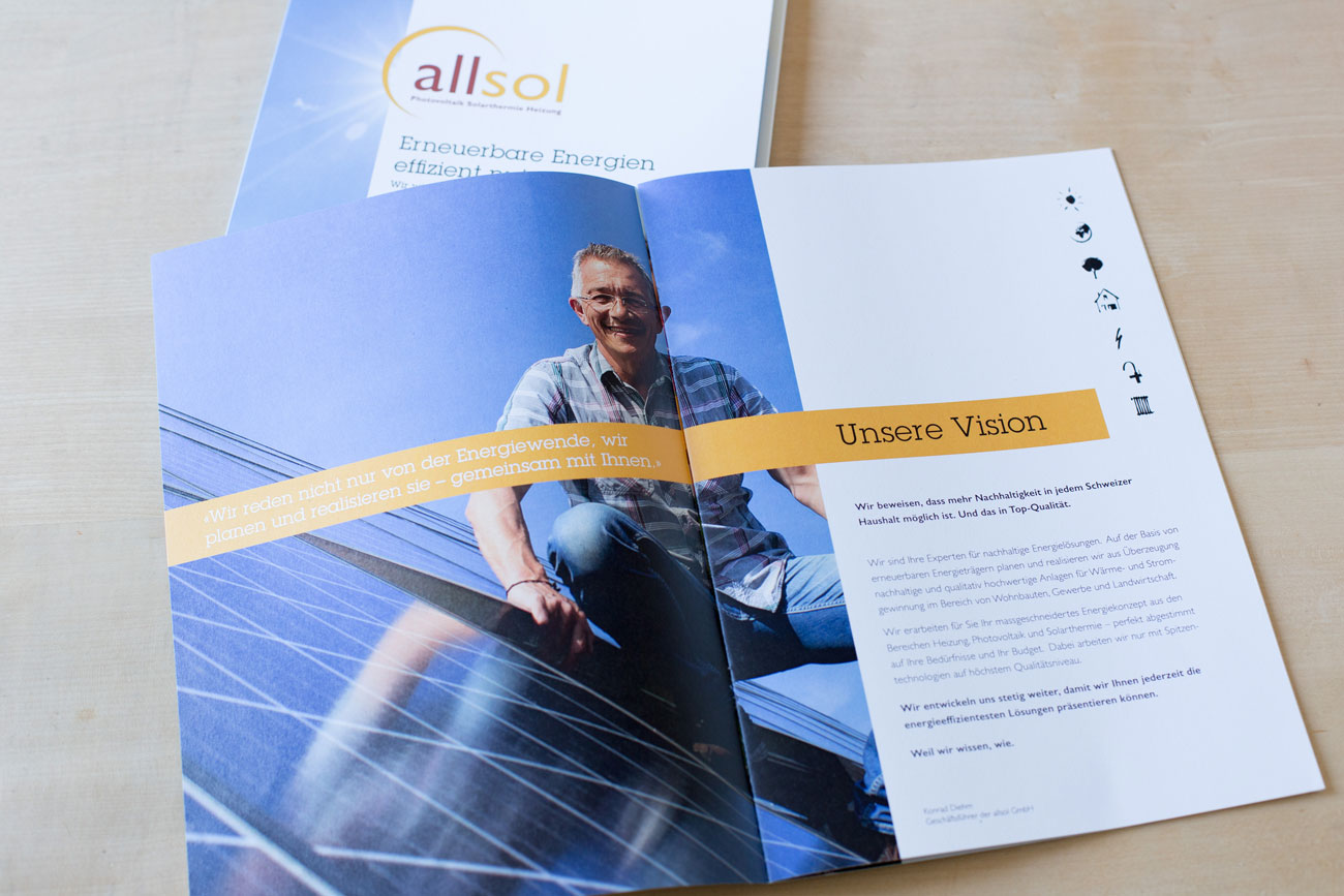 Prospekt innen Mappe, Visitenkarten und Prospekt Allsol GmbH Reinach | Photovoltaik + Heizungssysteme